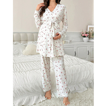 Σετ πιτζάμες εγκυμοσύνης με φλοράλ εκτύπωση, μακριά μανίκια, τρία τεμάχια, οικιακή ενδυμασία σε ευρωπαϊκό-αμερικανικό στυλ