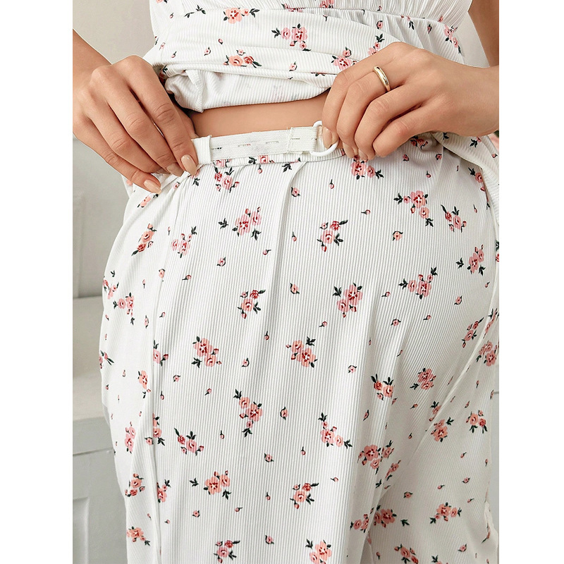 Grūtnieču pidžamas komplekts ar ziedu rakstu, garām piedurknēm, trīs gabalu komplekts, mājas apģērbs Eiropas-Amerikas stilā