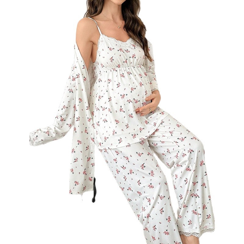 Grūtnieču pidžamas komplekts ar ziedu rakstu, garām piedurknēm, trīs gabalu komplekts, mājas apģērbs Eiropas-Amerikas stilā