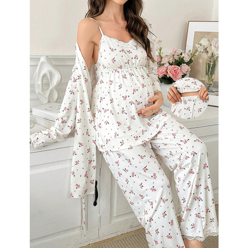 Grūtnieču pidžamas komplekts ar ziedu rakstu, garām piedurknēm, trīs gabalu komplekts, mājas apģērbs Eiropas-Amerikas stilā