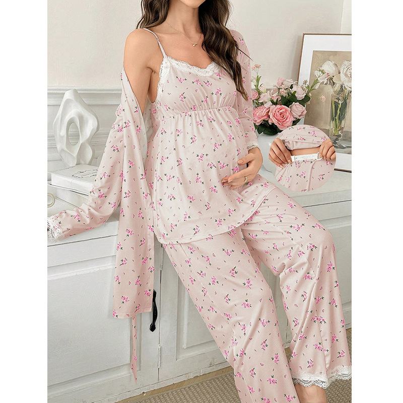 Grūtnieču pidžamas komplekts ar ziedu rakstu, garām piedurknēm, trīs gabalu komplekts, mājas apģērbs Eiropas-Amerikas stilā