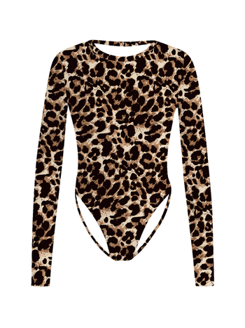 Боди с леопардов принт, дълъг ръкав, тясна кройка, кръгло деколте, полиестерно плетиво