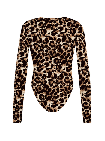 Боди с леопардов принт, дълъг ръкав, тясна кройка, кръгло деколте, полиестерно плетиво