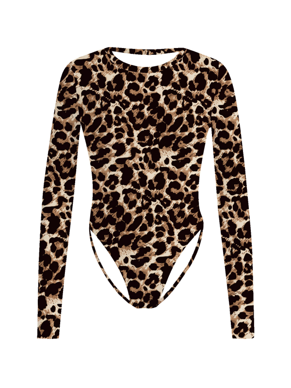 Leoparda drukas bodijs ar garām piedurknēm, slaids piegriezums, apļveida kakla līnija, poliesteris adītais materiāls