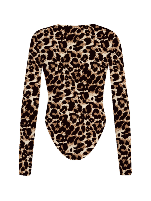 Leoparda drukas bodijs ar garām piedurknēm, slaids piegriezums, apļveida kakla līnija, poliesteris adītais materiāls