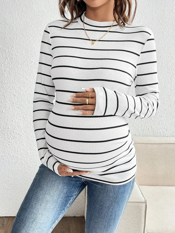 Μπλούζα εγκυμοσύνης με μακριά μανίκια, ριγέ, στρογγυλός λαιμός, στενή γραμμή, βαμβάκι-πολυεστέρας (95% βαμβάκι), φθινοπωρινό-χειμερινό
