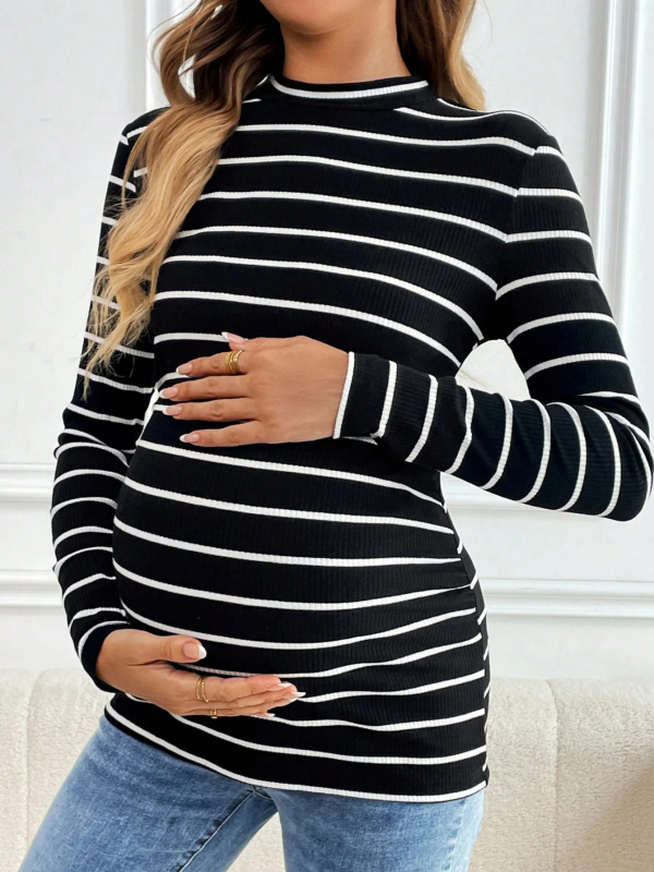 Μπλούζα εγκυμοσύνης με μακριά μανίκια, ριγέ, στρογγυλός λαιμός, στενή γραμμή, βαμβάκι-πολυεστέρας (95% βαμβάκι), φθινοπωρινό-χειμερινό