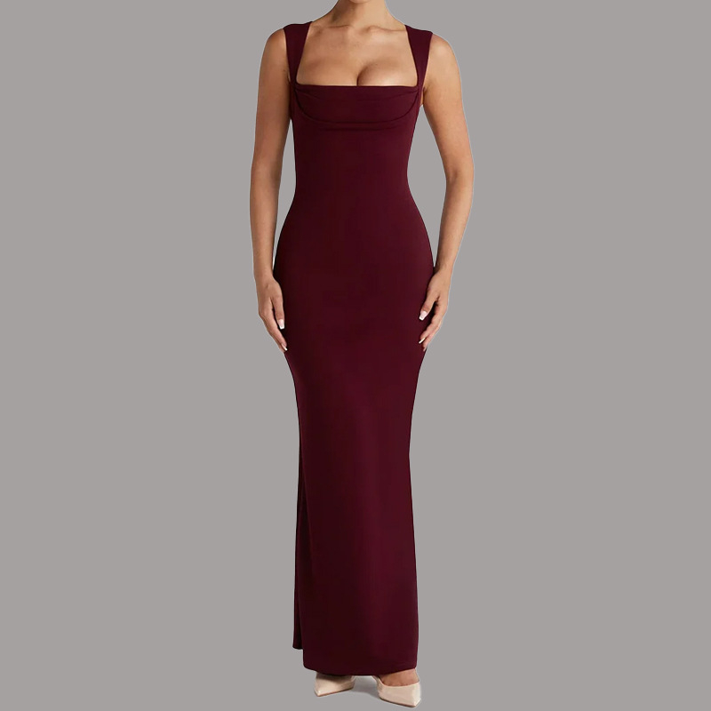 Garā kleita ar kvadrātveida kaklu, bez piedurknēm, augsta vidukļa līnija, poliesters, elegants stils.