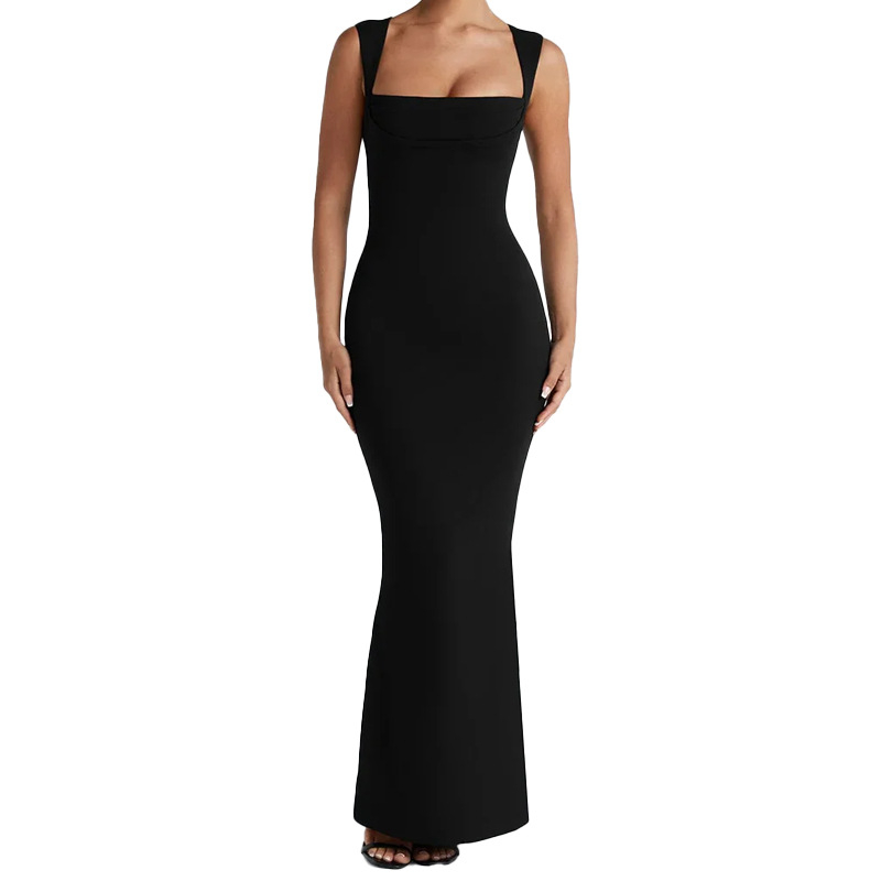 Garā kleita ar kvadrātveida kaklu, bez piedurknēm, augsta vidukļa līnija, poliesters, elegants stils.