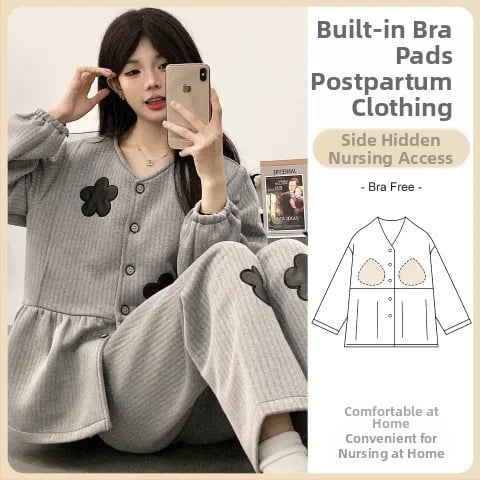 Grūtnieču nakts apģērbs barošanai, bieza gaisa kokvilnas audums, garas piedurknes tops un garas bikses, pēc dzemdībām barošanai, ziemai, pavasarim un rudenim