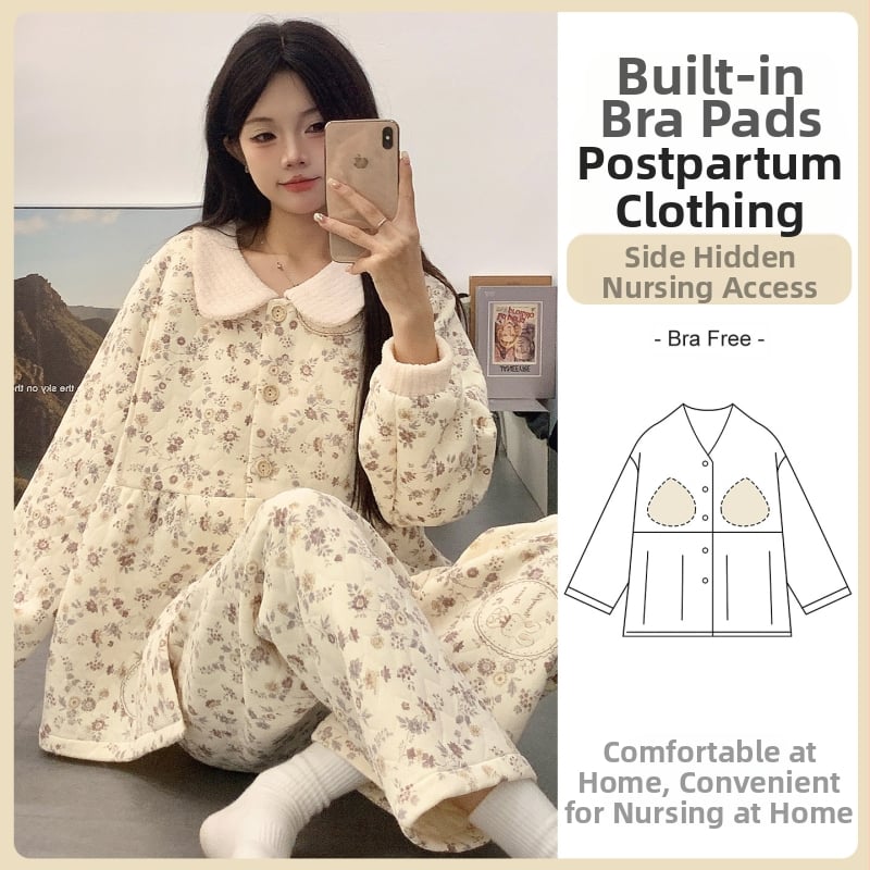 Grūtnieču nakts apģērbs barošanai, bieza gaisa kokvilnas audums, garas piedurknes tops un garas bikses, pēc dzemdībām barošanai, ziemai, pavasarim un rudenim