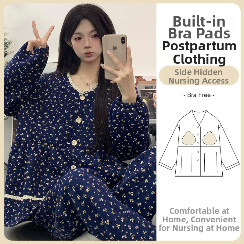 Grūtnieču nakts apģērbs barošanai, bieza gaisa kokvilnas audums, garas piedurknes tops un garas bikses, pēc dzemdībām barošanai, ziemai, pavasarim un rudenim