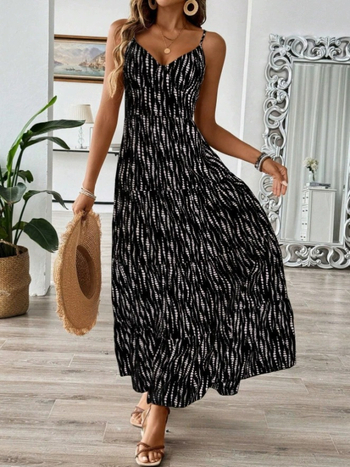 Πολυεστερικό μακρύ φόρεμα με τιράντες, Α-γραμμής, V-λαιμό, υψηλή μέση, ριγέ σχέδιο