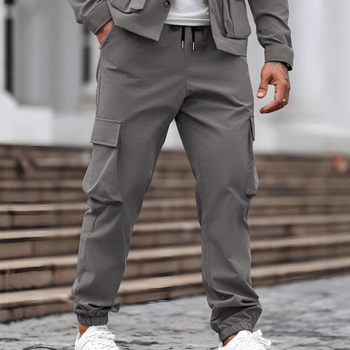 Vyrų cargo kelnytės – tiesus kirpimas, vidutinė juosmens linija, raišteliu užsegimas, elastinis audinys