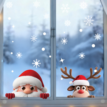 Χριστουγεννιάτικο αυτοκόλλητο παραθύρου – Άγιος Βασίλης και τάρανδος σε καρτούν, PVC, στατικό αυτοκόλλητο, μοτίβο: χαρακτήρας, HS-7004~5
