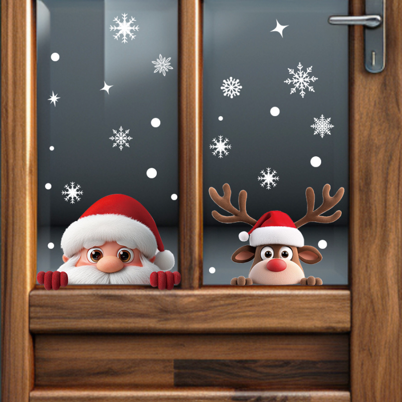 Χριστουγεννιάτικο αυτοκόλλητο παραθύρου – Άγιος Βασίλης και τάρανδος σε καρτούν, PVC, στατικό αυτοκόλλητο, μοτίβο: χαρακτήρας, HS-7004~5