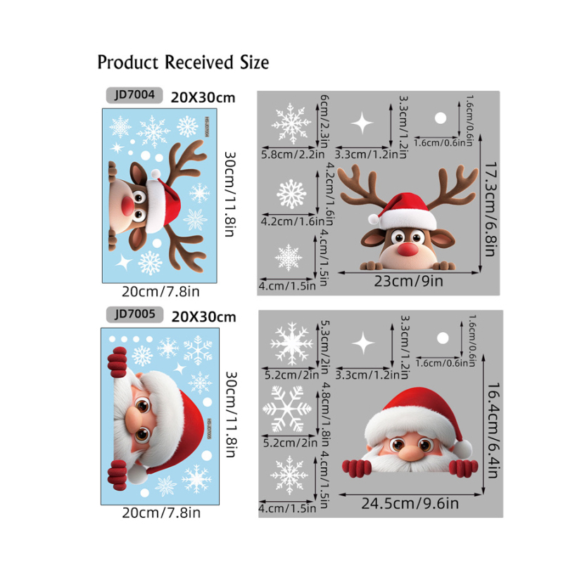 Χριστουγεννιάτικο αυτοκόλλητο παραθύρου – Άγιος Βασίλης και τάρανδος σε καρτούν, PVC, στατικό αυτοκόλλητο, μοτίβο: χαρακτήρας, HS-7004~5