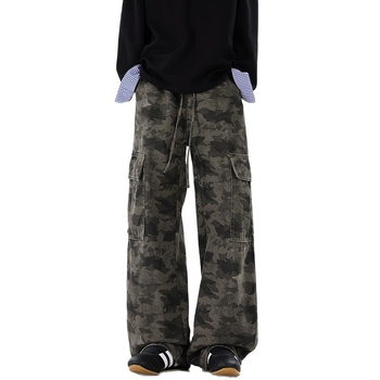 Vyriniai džinsiniai darbo kelniai su kamufliažo raštu, laisvas kirpimas, tiesios kojos, vidurio juosta, raištelinė uždarymas