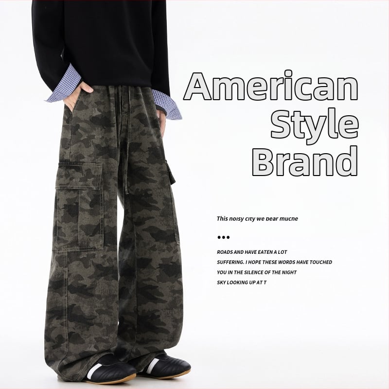 Vyriniai džinsiniai darbo kelniai su kamufliažo raštu, laisvas kirpimas, tiesios kojos, vidurio juosta, raištelinė uždarymas