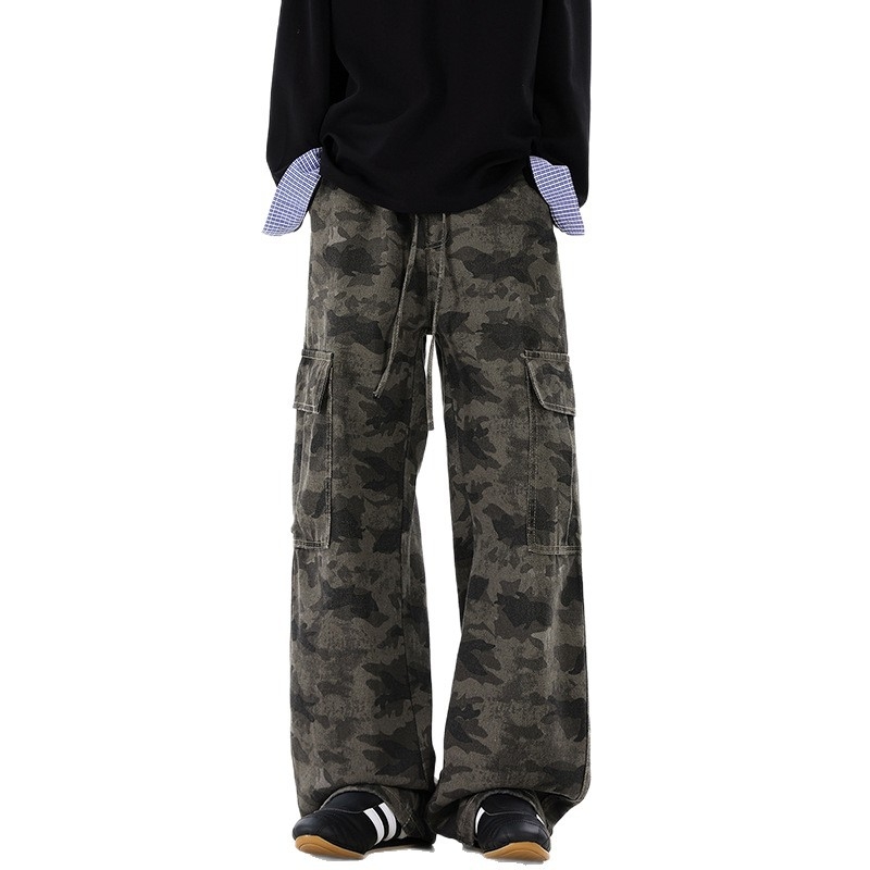 Vyriniai džinsiniai darbo kelniai su kamufliažo raštu, laisvas kirpimas, tiesios kojos, vidurio juosta, raištelinė uždarymas