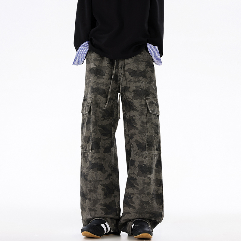 Vyriniai džinsiniai darbo kelniai su kamufliažo raštu, laisvas kirpimas, tiesios kojos, vidurio juosta, raištelinė uždarymas