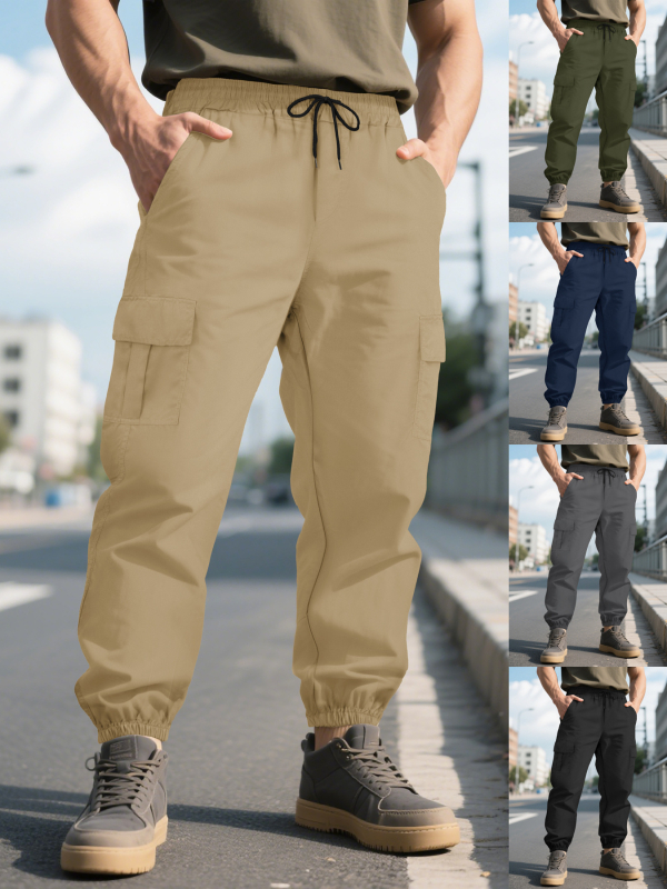 Vyriškos sportinės kasdieninės kelnės su tiesiu kirpimu, ilgos, vidurio juosmens raištis, daug kišenių, 100% poliesteris