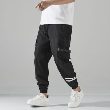 Vyrinės cargo kelnes, laisvas kirpimas, tiesus kelnių siluetas, vidutinio juosmens, poliesterio audinys, korėjietiškas stilius