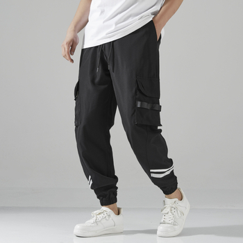 Vyrinės cargo kelnes, laisvas kirpimas, tiesus kelnių siluetas, vidutinio juosmens, poliesterio audinys, korėjietiškas stilius