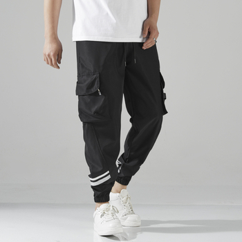 Vyrinės cargo kelnes, laisvas kirpimas, tiesus kelnių siluetas, vidutinio juosmens, poliesterio audinys, korėjietiškas stilius