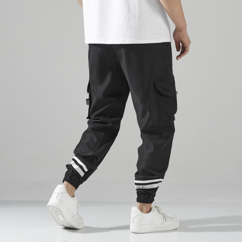 Vyrinės cargo kelnes, laisvas kirpimas, tiesus kelnių siluetas, vidutinio juosmens, poliesterio audinys, korėjietiškas stilius