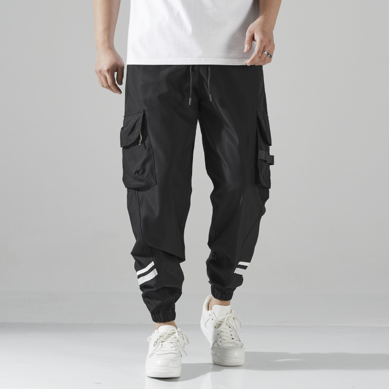 Vyrinės cargo kelnes, laisvas kirpimas, tiesus kelnių siluetas, vidutinio juosmens, poliesterio audinys, korėjietiškas stilius