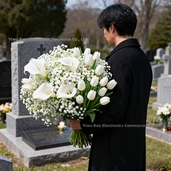 Bene 99 32 τεμάχια τεχνητός εξωτερικός ανθοδέσμος για μνήματα με Tuberose, Calla Lily και Gypsophila — Υλικά: πλαστικό και PU, Φλοκίνγκ, Injection Molding