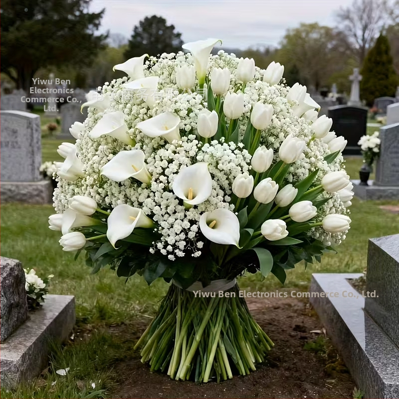 Bene 99 buchet artificial exterior pentru cimitir, 32 bucăți, cu tuberoză, Calla Lily și Gypsophila — materiale: plastic și PU, flocking, injection molding