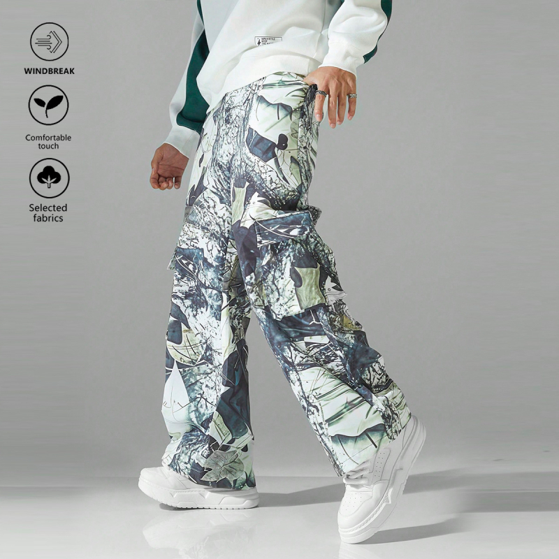 Vyrų kamufliažinės darbo kelnės tiesia koją, vidurio juosmuo, raištelių užsegimas, 100% poliesteris, pavasario–rudens sezonams