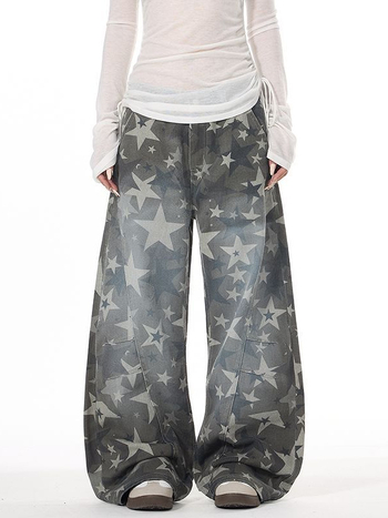 Unisex džinsai su žvaigždžių atspaudu – laisvas kirpimas, juosmuo vidutinio dydžio, užtrauktukas, ilgos kelnes, išplautas