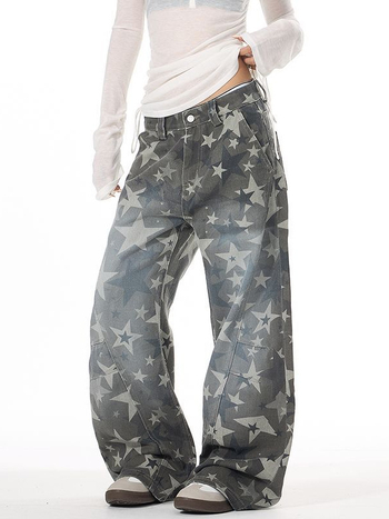 Унисекс дънки от деним със звезден принт – свободна кройка, средна талия, цип, прав крак, дълги панталони