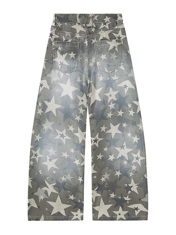 Унисекс дънки от деним със звезден принт – свободна кройка, средна талия, цип, прав крак, дълги панталони