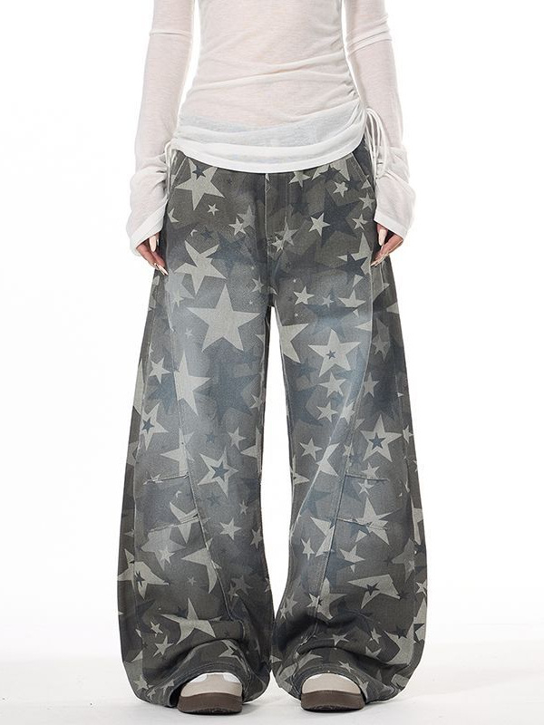 Unisex džinsai su žvaigždžių atspaudu – laisvas kirpimas, juosmuo vidutinio dydžio, užtrauktukas, ilgos kelnes, išplautas