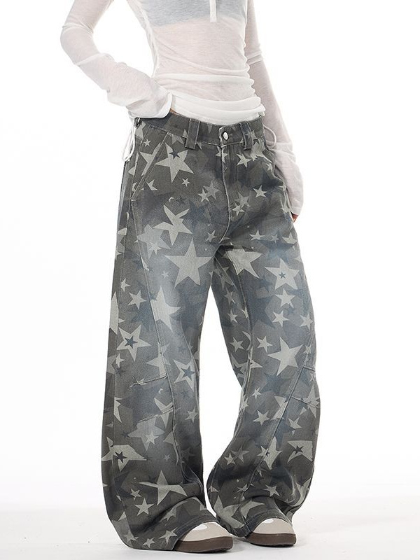 Unisex džinsai su žvaigždžių atspaudu – laisvas kirpimas, juosmuo vidutinio dydžio, užtrauktukas, ilgos kelnes, išplautas