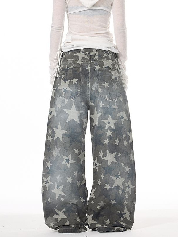 Unisex džinsai su žvaigždžių atspaudu – laisvas kirpimas, juosmuo vidutinio dydžio, užtrauktukas, ilgos kelnes, išplautas