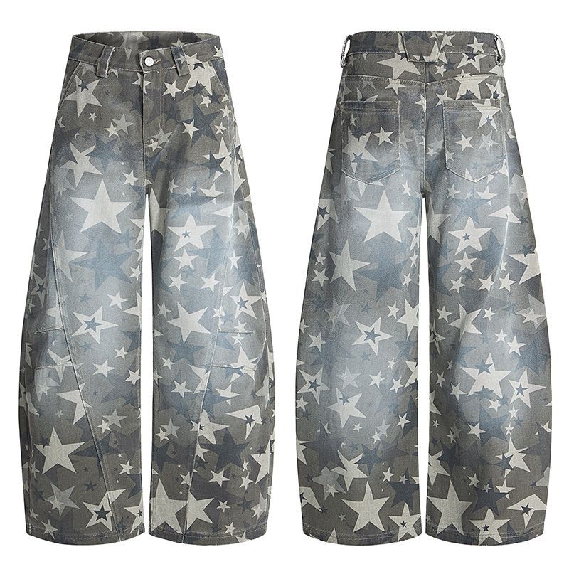 Unisex džinsai su žvaigždžių atspaudu – laisvas kirpimas, juosmuo vidutinio dydžio, užtrauktukas, ilgos kelnes, išplautas