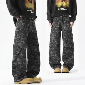 Vyriskos kasdienines kelnes kamufliažo raštu, medvilnės audinys, tiesus kirpimas, ilgos, raištelių užsegimas