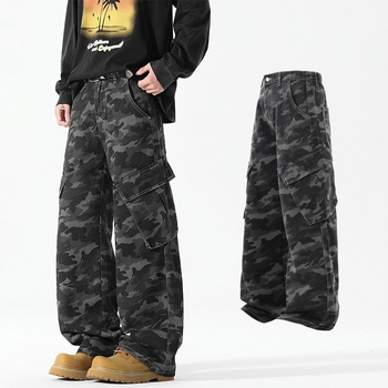 Vyriskos kasdienines kelnes kamufliažo raštu, medvilnės audinys, tiesus kirpimas, ilgos, raištelių užsegimas