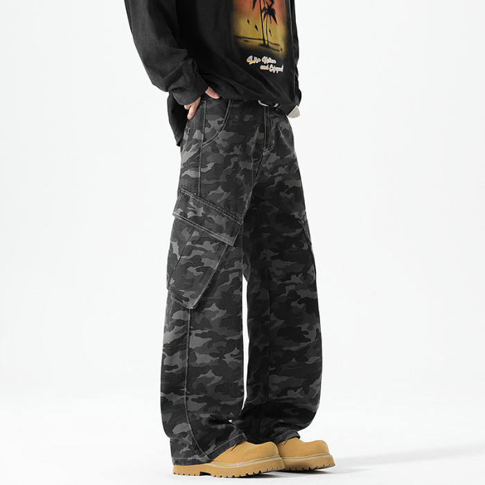 Vyriskos kasdienines kelnes kamufliažo raštu, medvilnės audinys, tiesus kirpimas, ilgos, raištelių užsegimas