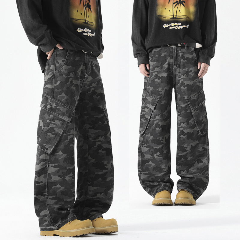 Vyriskos kasdienines kelnes kamufliažo raštu, medvilnės audinys, tiesus kirpimas, ilgos, raištelių užsegimas