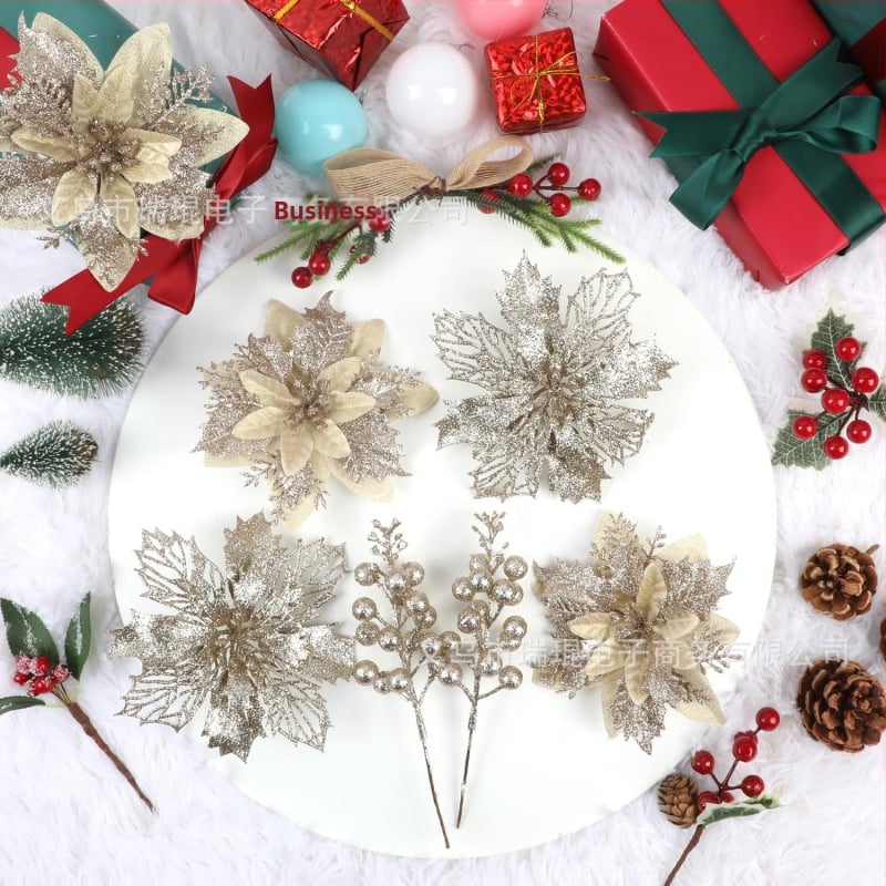 18 db karácsonyi fa dísz, 3D kétszintes virágok, műanyag