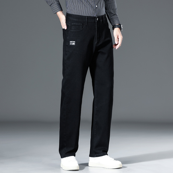 Vyriniai džinsai su tiesia kojų linija, mikroelastinis medvilnės denimas, vidurio juosmens, užtrauktukas, kelios kišenės