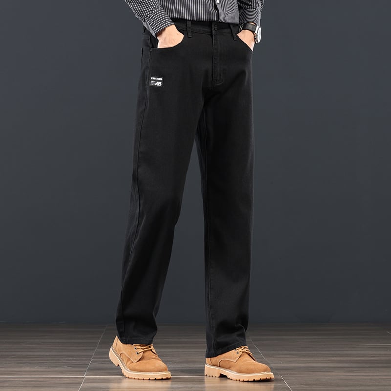 Vyriniai džinsai su tiesia kojų linija, mikroelastinis medvilnės denimas, vidurio juosmens, užtrauktukas, kelios kišenės