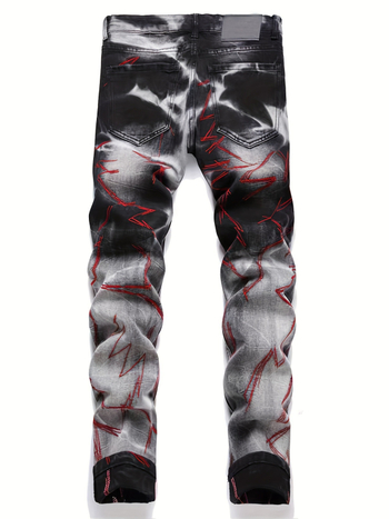 Мъжки дънки от деним с еластичност, бродерия, тясна кройка, изпрани детайли, прав крак