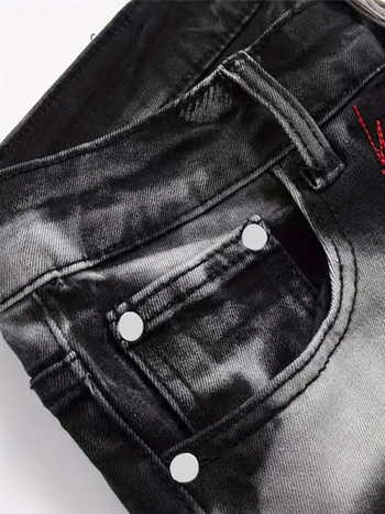 Мъжки дънки от деним с еластичност, бродерия, тясна кройка, изпрани детайли, прав крак